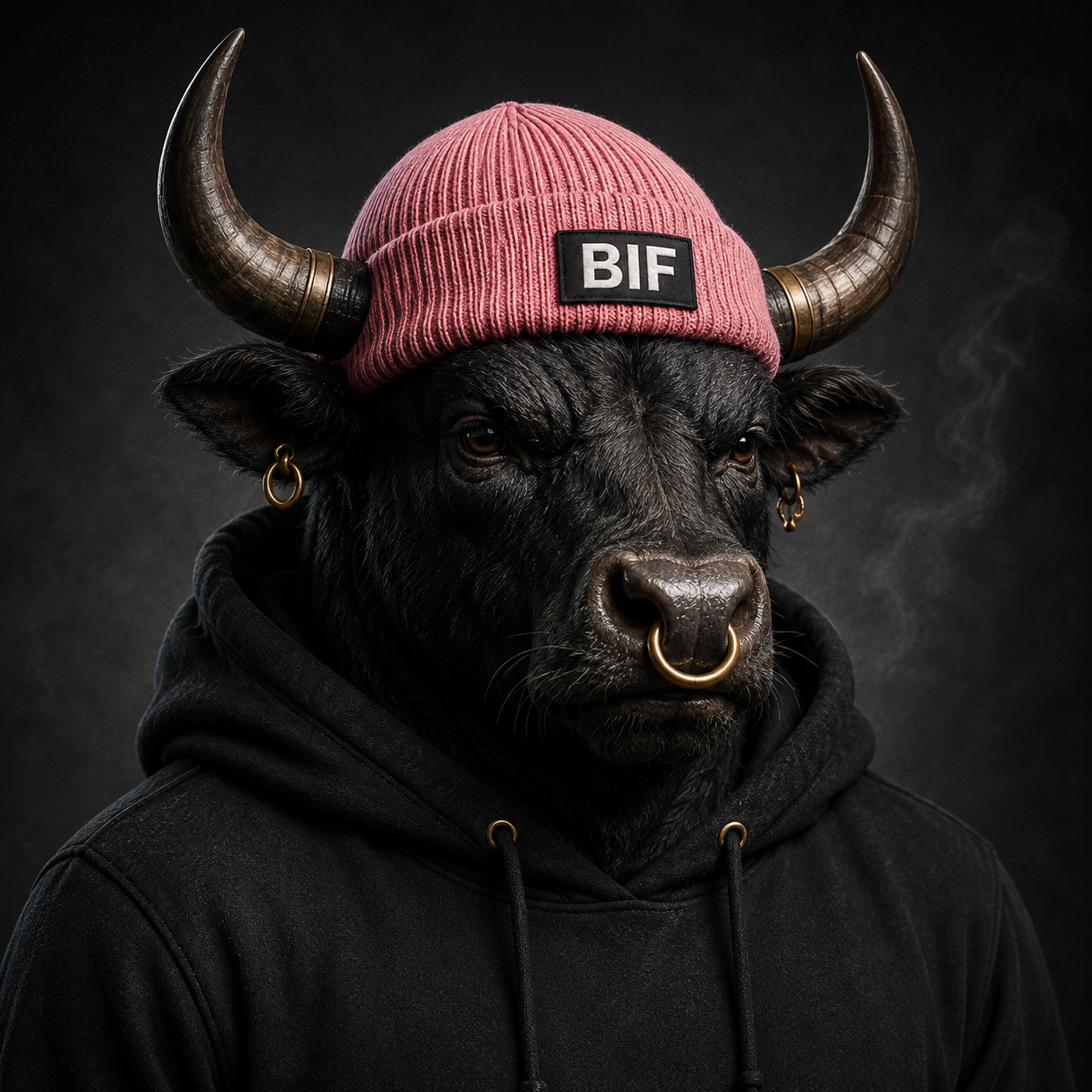 BIF — an anthropomorphic black bull in a pink BIF beanie, gold nose ring and Cuban chain, black hoodie, serious expression