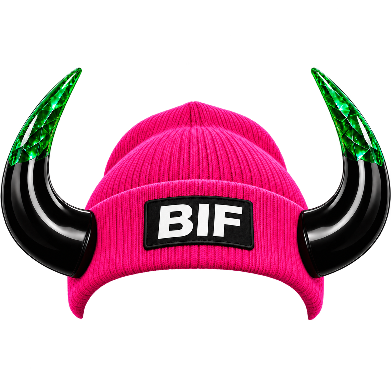 BIF pink beanie with emerald horns